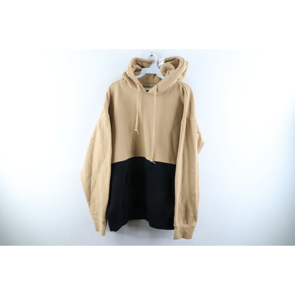 Vintage 90s Streetwear Mens Xl Faded Color Block Hoodie Sweatshirt Black Tan